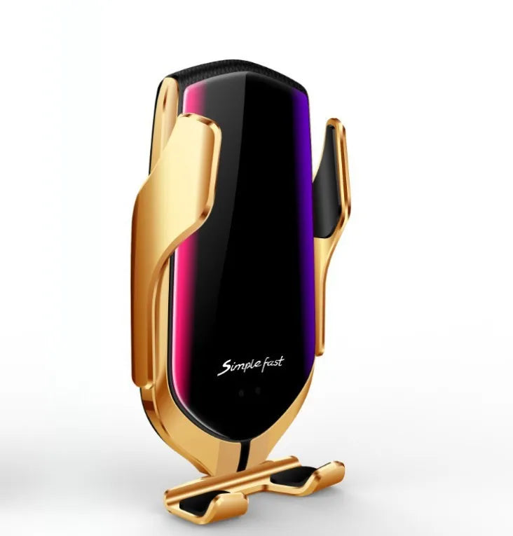 Gold Magic Clip R1 automatic wireless charging car phone holder mounted on a dashboard
