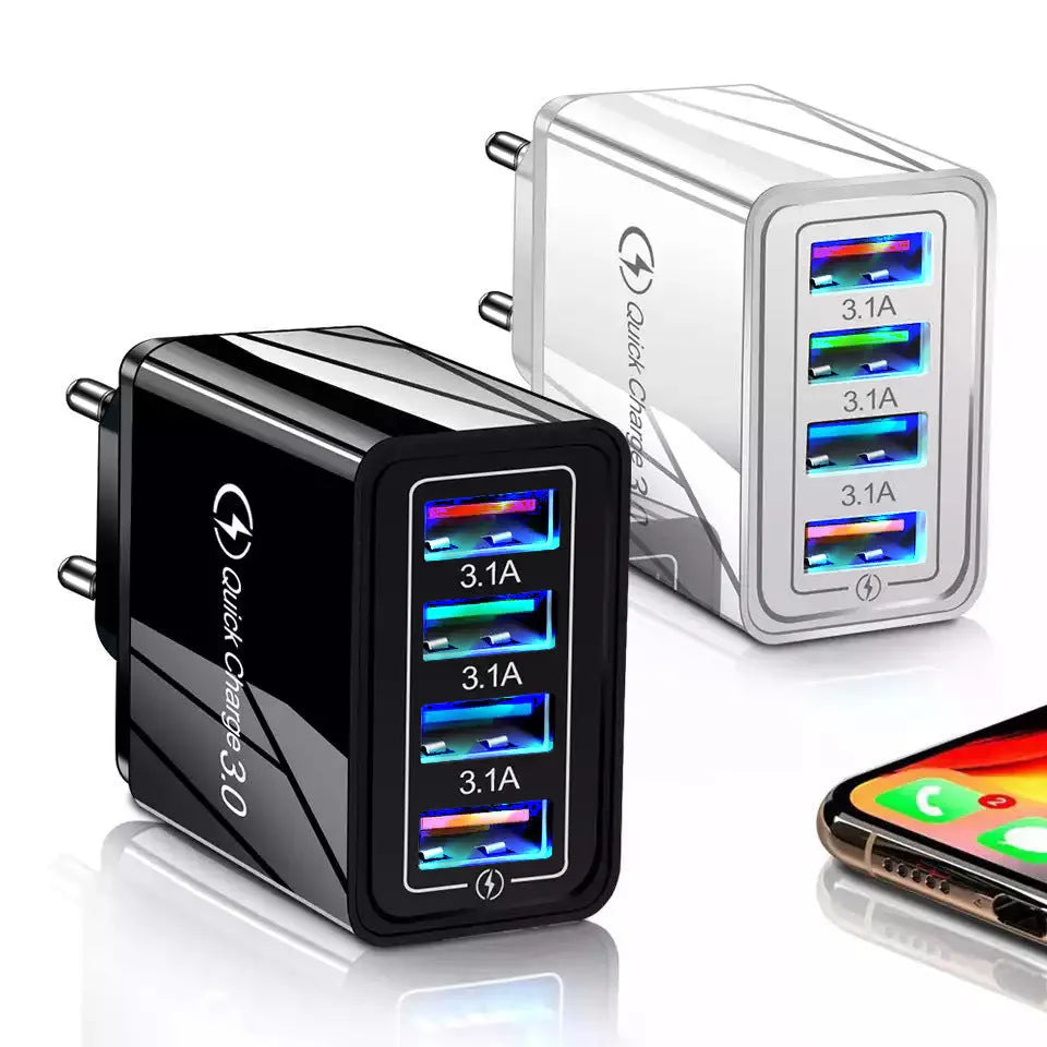 Four-port USB mobile phone charger with LED indicator in multiple colour options