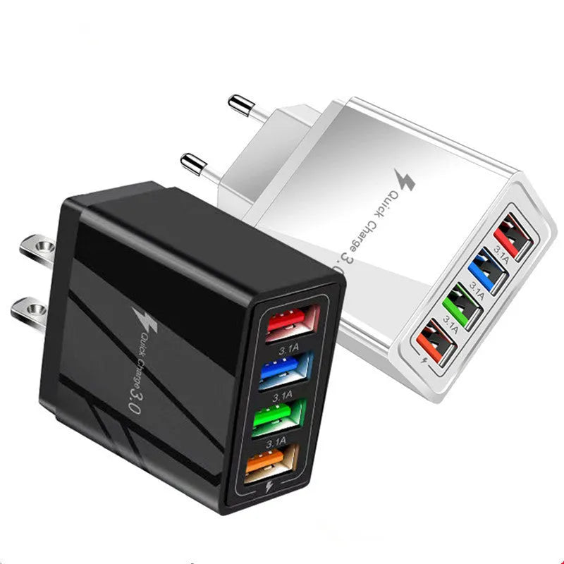Four-port USB mobile phone charger with LED indicator in multiple colour options