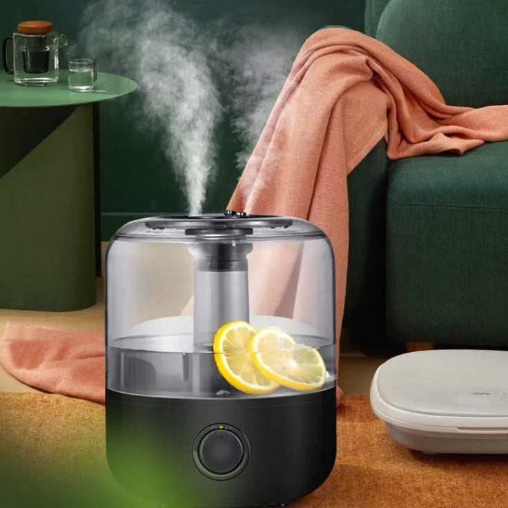 Black or white 3-litre ultrasonic humidifier with compact design and quiet operation.