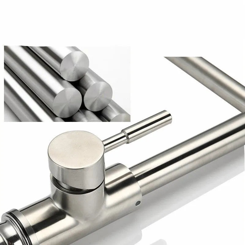 Silver stainless steel kitchen tap with dual rotating spouts for hot and cold water