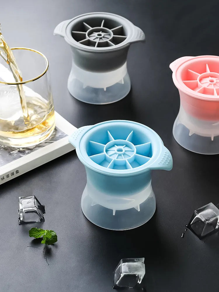 Silicone ice tray producing large ice hockey artefacts and geometric ice cubes in multiple colour variations