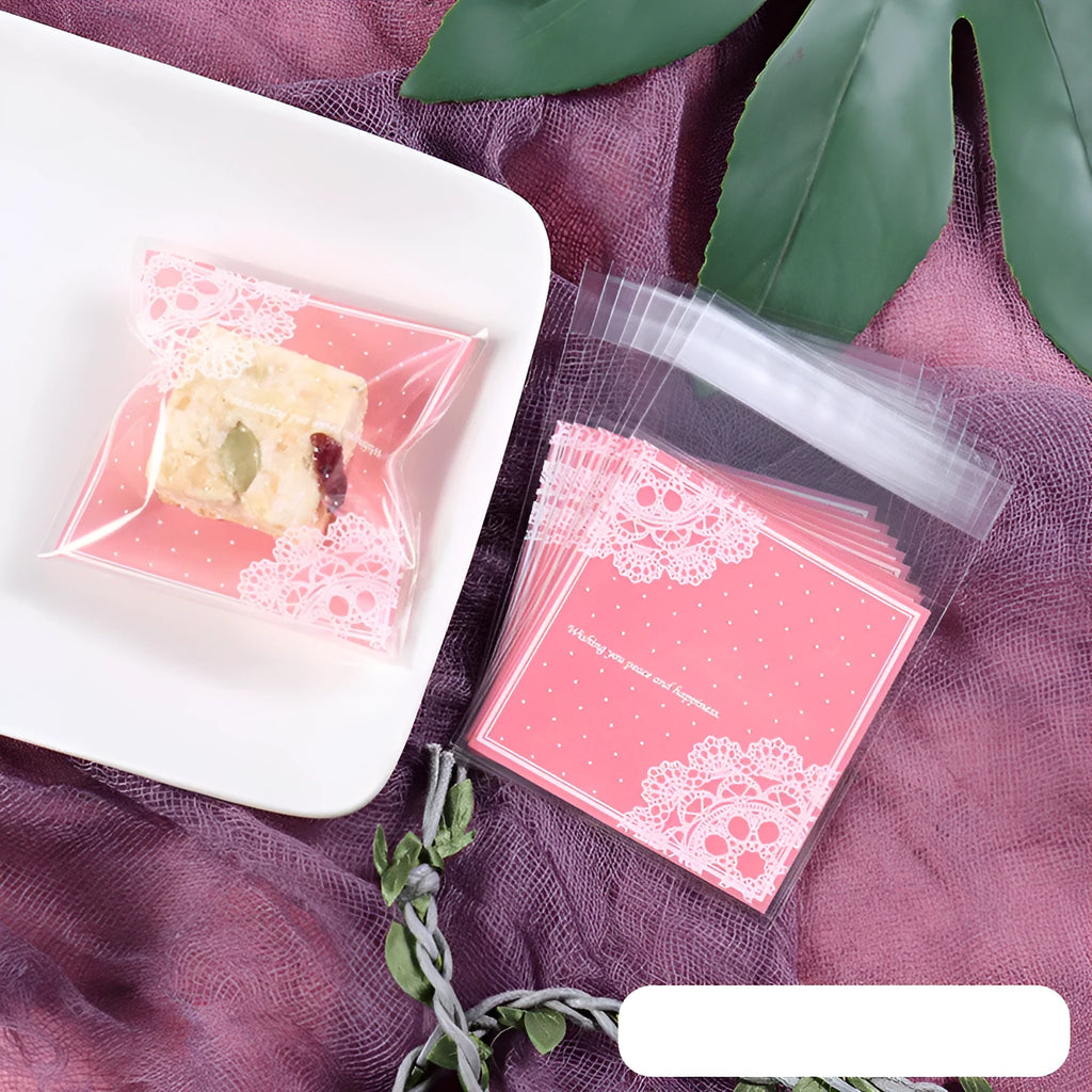 Pink self-adhesive plastic packaging bags for handmade soap with UV printing measuring 7x7cm