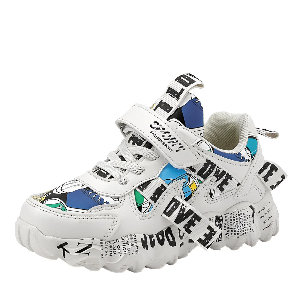 Kids' velcro sports sneakers in beige blue, white red, and bright red colours with thick rubber soles