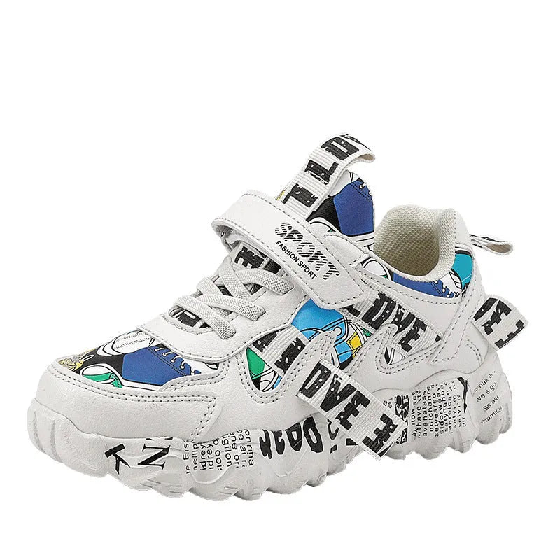 Kids' velcro sports sneakers in beige blue, white red, and bright red colours with thick rubber soles