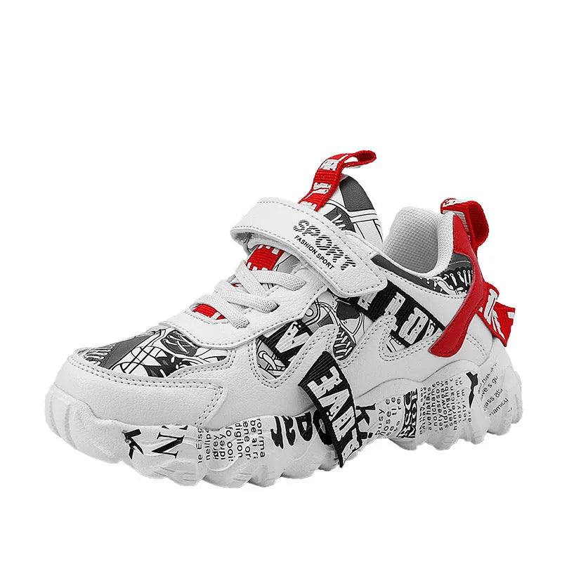 Kids' velcro sports sneakers in beige blue, white red, and bright red colours with thick rubber soles