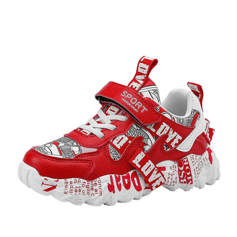 Kids' velcro sports sneakers in beige blue, white red, and bright red colours with thick rubber soles