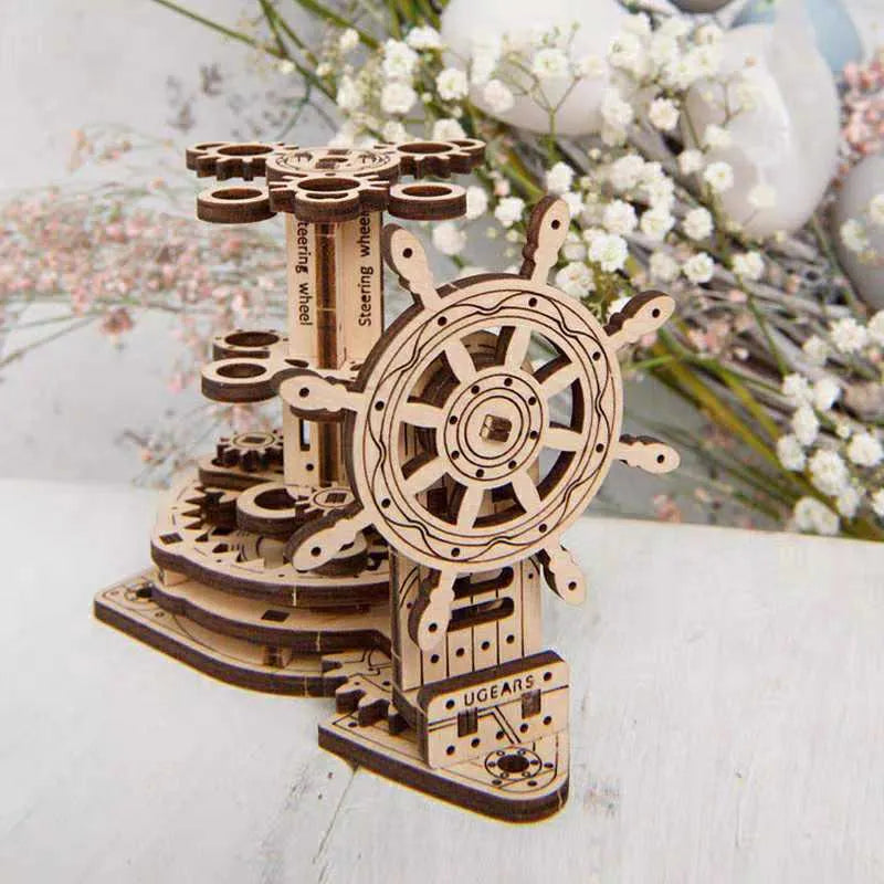 Wooden rotating pen holder with Ukrainian steering wheel design on wooden base