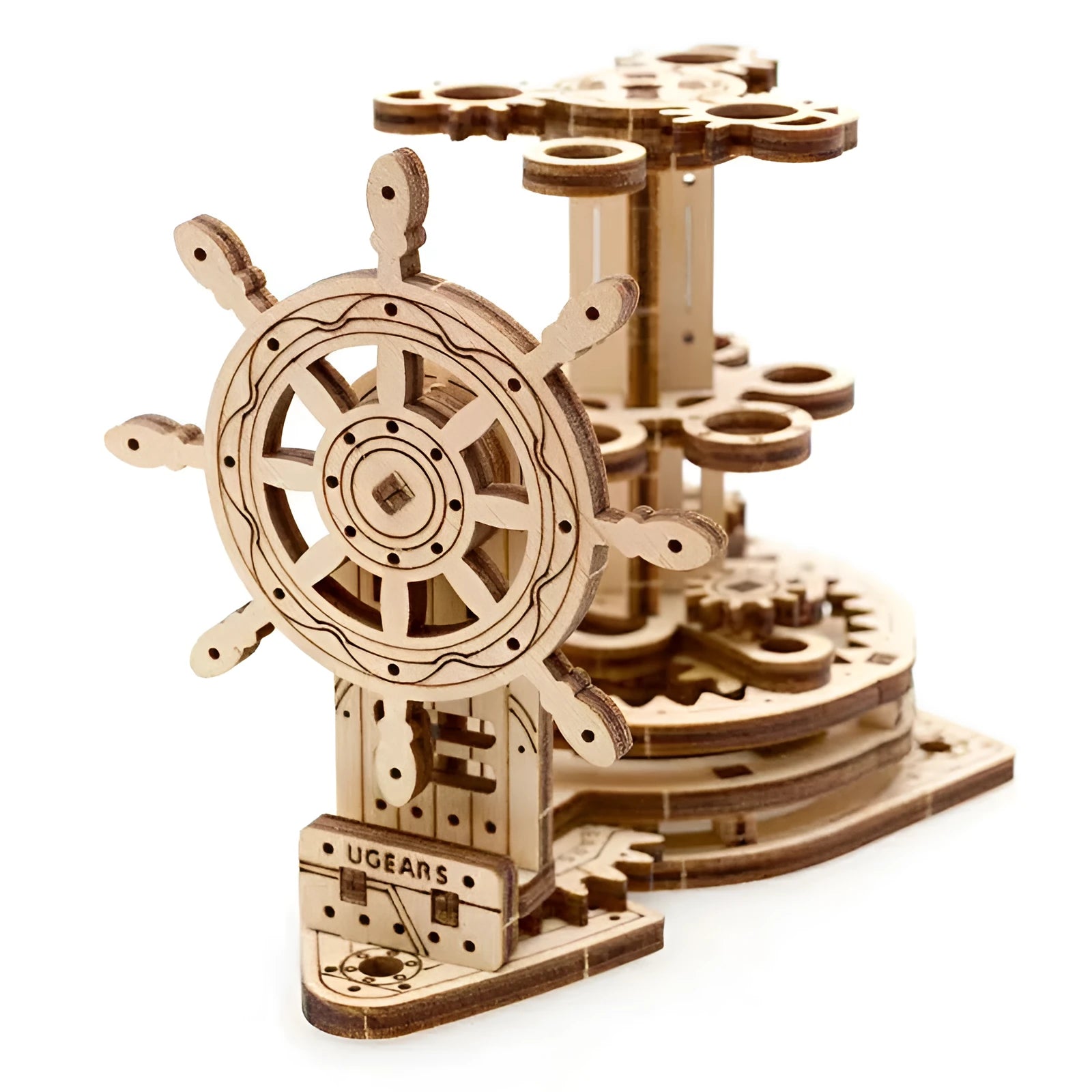 Wooden rotating pen holder with Ukrainian steering wheel design on wooden base