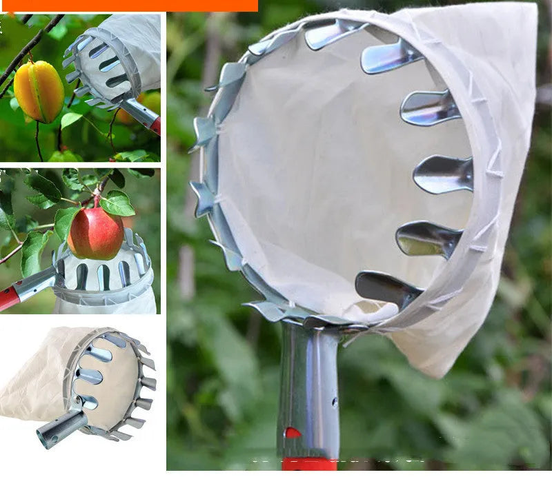 Steel frame fruit picker head basket catcher with cloth bag for harvesting garden fruits