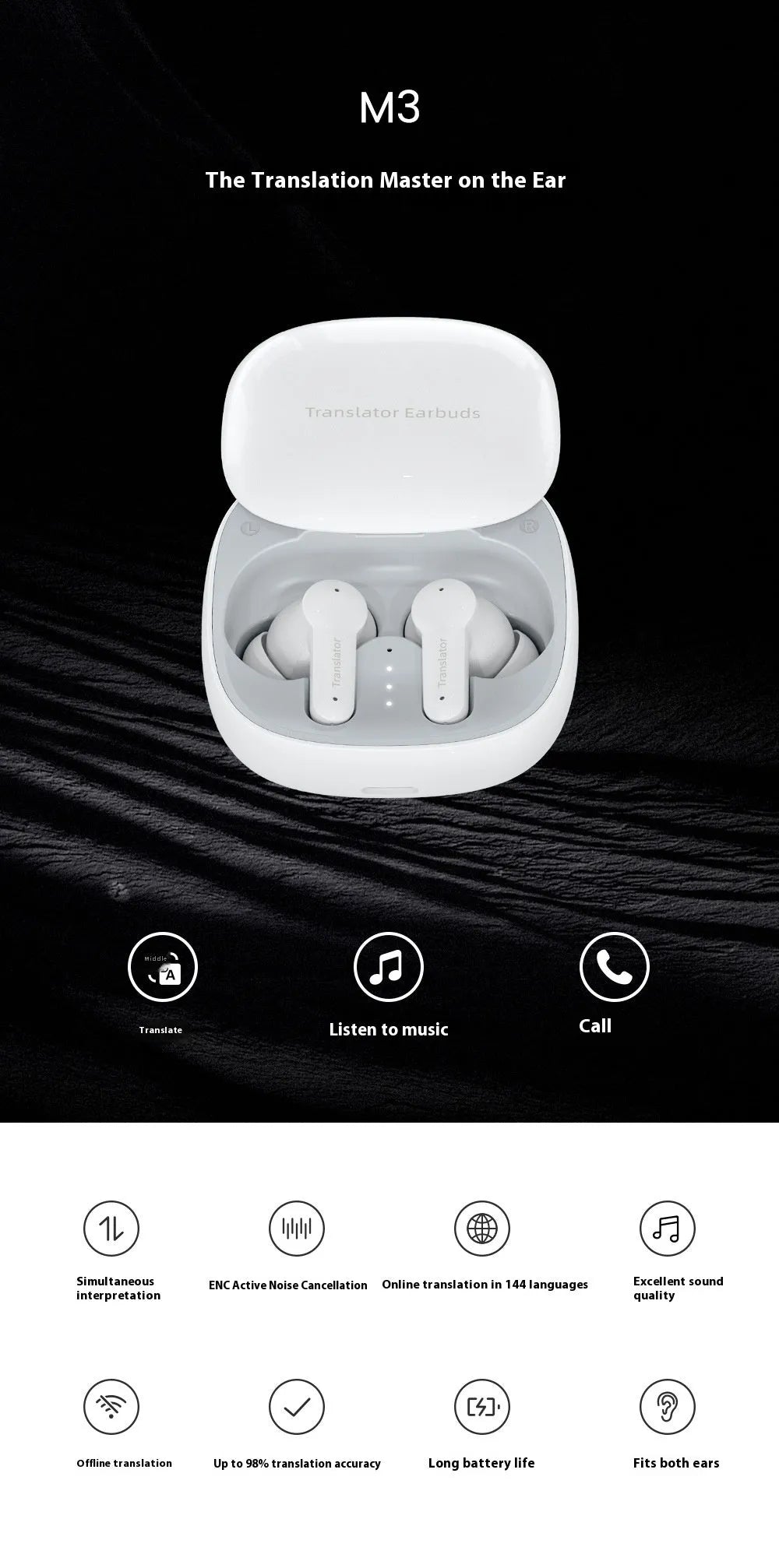 M3 White Bluetooth translation headphones with 144 language support and 35dB noise cancelling