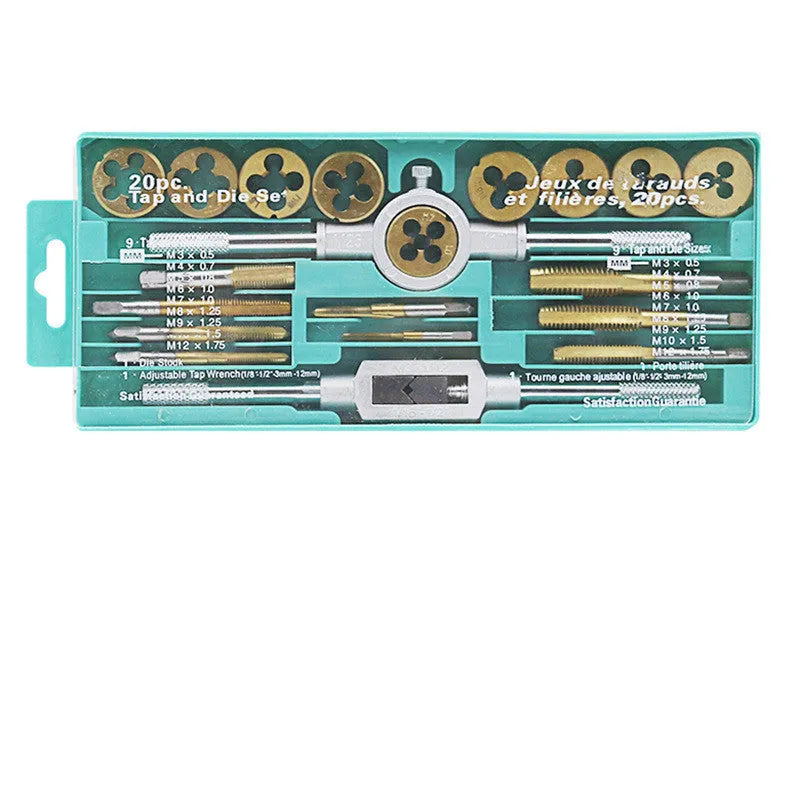 20-piece metric hand tap and die set with alloy steel construction in silver or titanium-plated finish