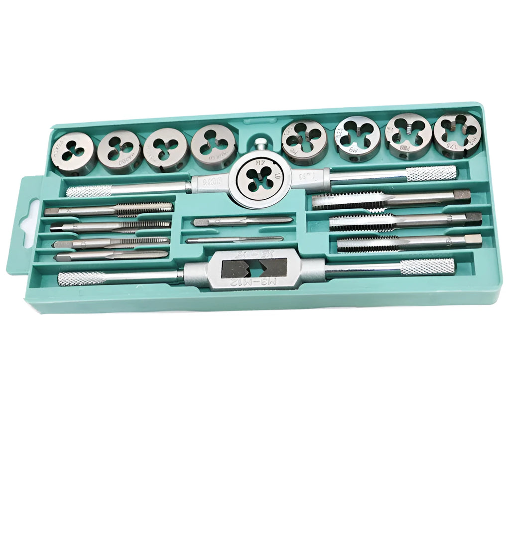20-piece metric hand tap and die set with alloy steel construction in silver or titanium-plated finish