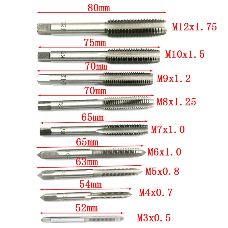 20-piece metric hand tap and die set with alloy steel construction in silver or titanium-plated finish