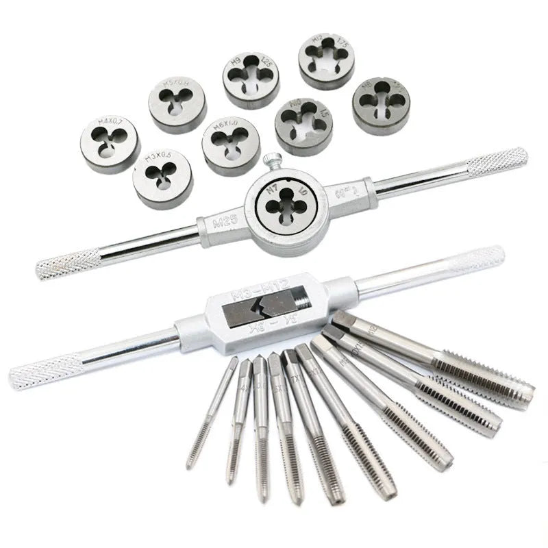 20-piece metric hand tap and die set with alloy steel construction in silver or titanium-plated finish