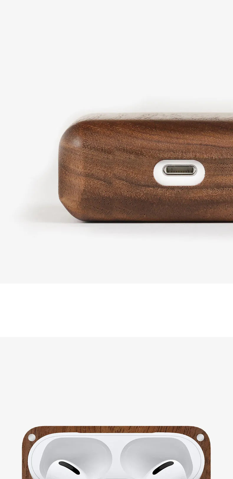Bluetooth wireless earphones with a solid wood shell in a choice of natural finishes, compatible with Apple iPhones.