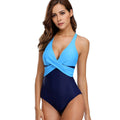 Women's solid colour one piece swimsuit with push up padding and high waist backless design in navy blue