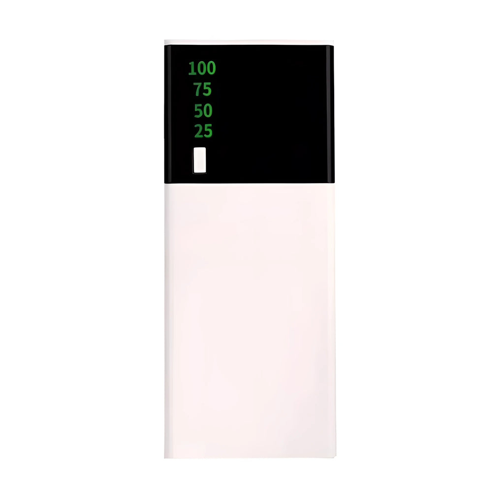 Black 20000mAh power bank with charging cable showing dimensions 135x60x20mm