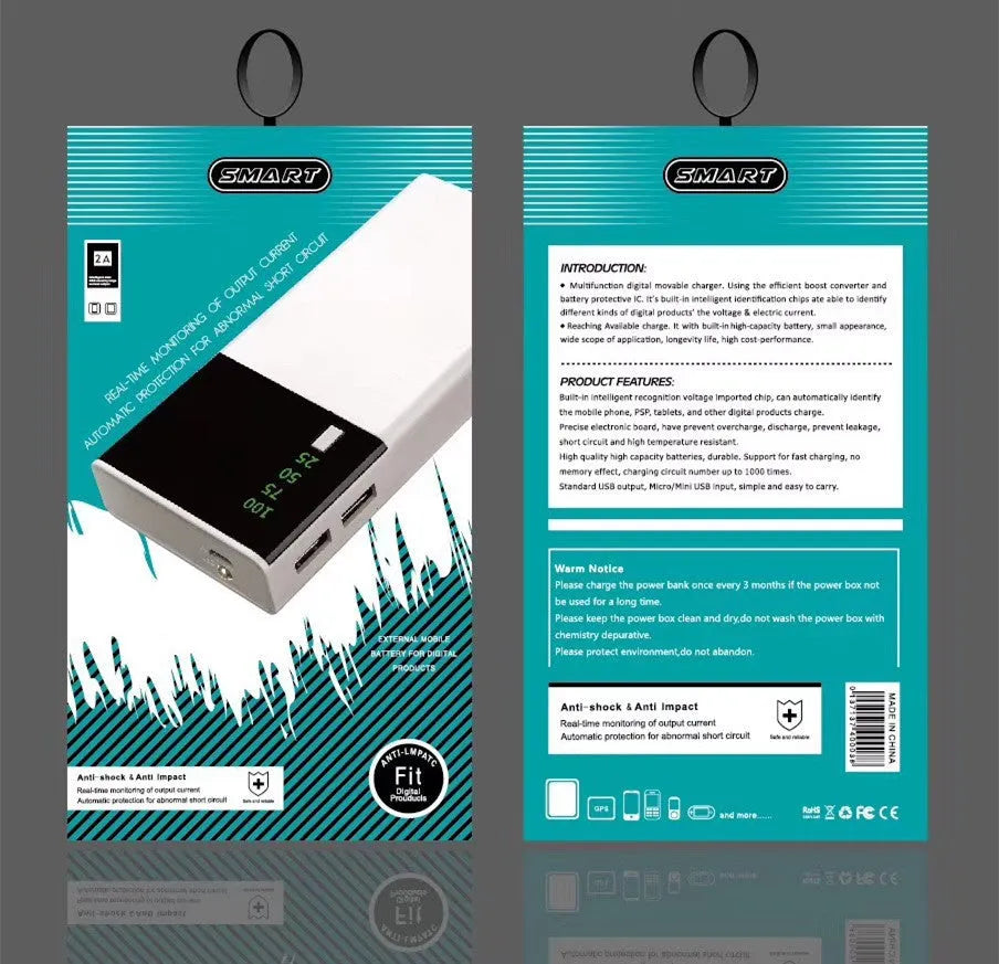 Black 20000mAh power bank with charging cable showing dimensions 135x60x20mm