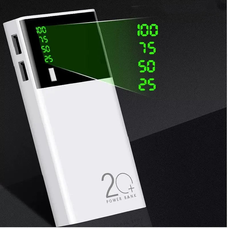 Black 20000mAh power bank with charging cable showing dimensions 135x60x20mm