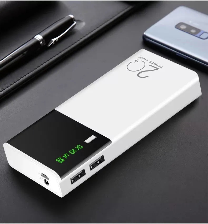 Black 20000mAh power bank with charging cable showing dimensions 135x60x20mm