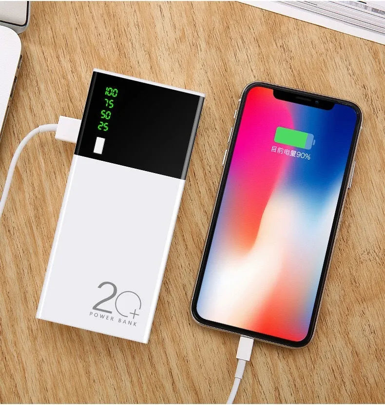 Black 20000mAh power bank with charging cable showing dimensions 135x60x20mm