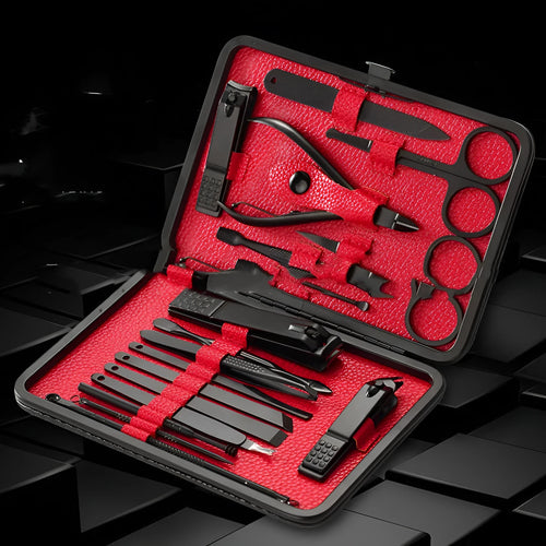 18-piece nail clippers set with stainless steel blades in black-red and orange colours on white background