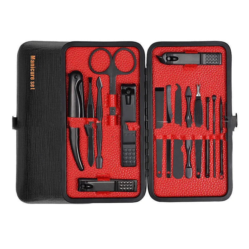 18-piece nail clippers set with stainless steel blades in black-red and orange colours on white background