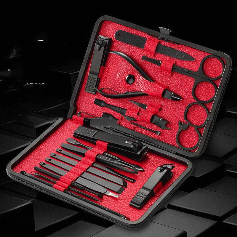 18-piece nail clippers set with stainless steel blades in black-red and orange colours on white background