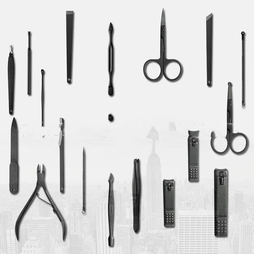 18-piece nail clippers set with stainless steel blades in black-red and orange colours on white background