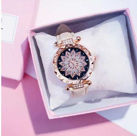 Women's fashion watch with diamond decoration on round dial, available in nine colours with waterproof 30 metre rating