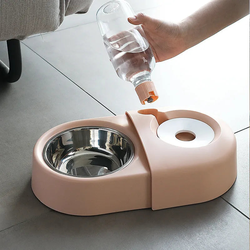 Anti-overturning plastic pet food bowl in blue with non-slip base on tile floor