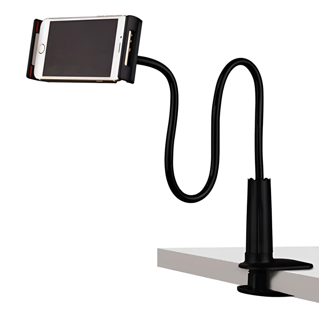 Mobile phone holder with flexible aluminium-magnesium alloy arm on a desk