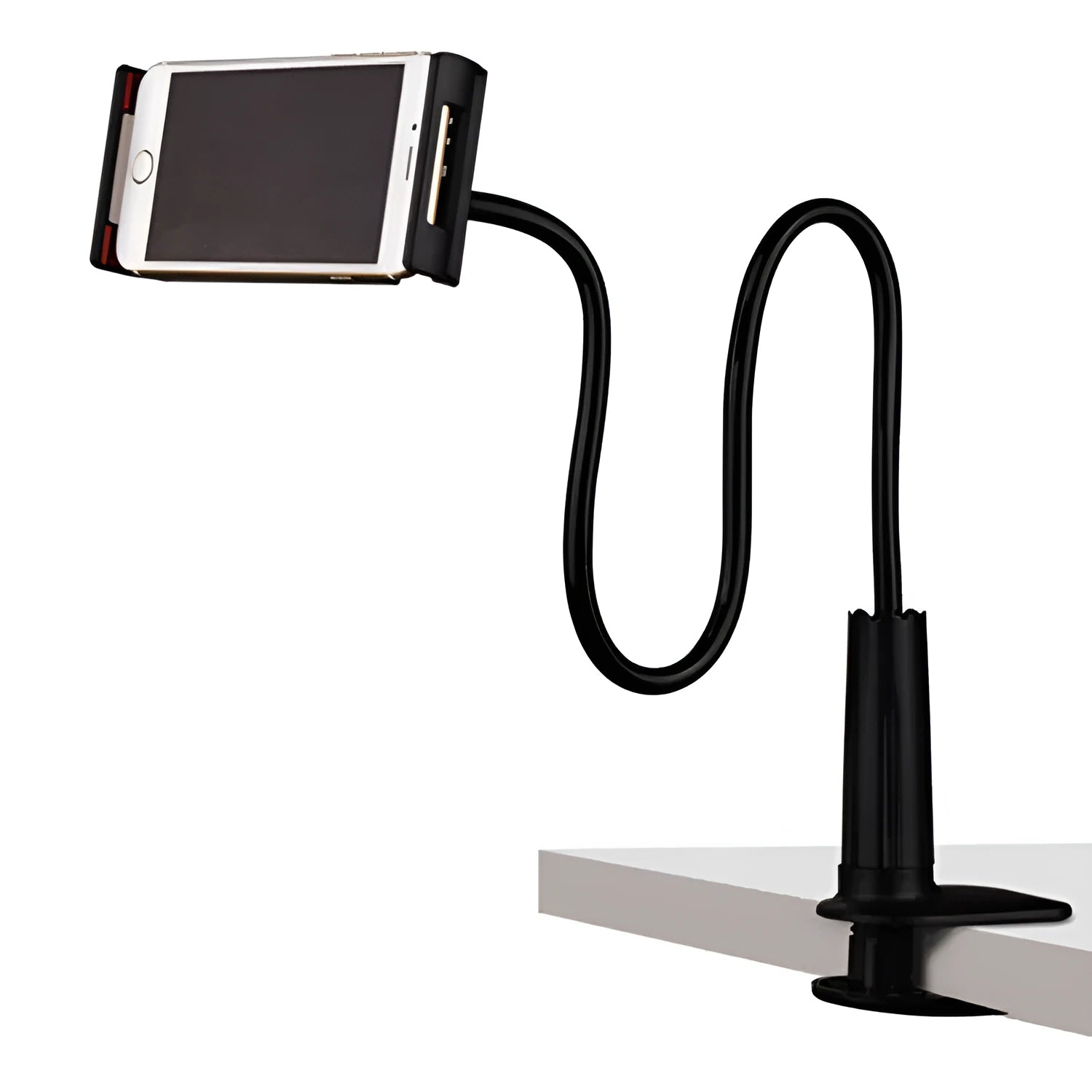 Mobile phone holder with flexible aluminium-magnesium alloy arm on a desk