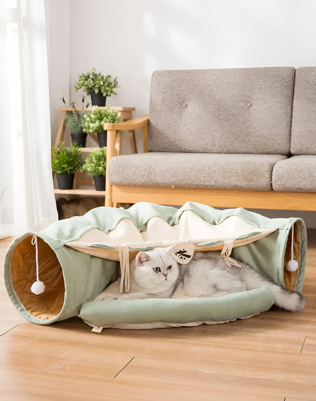 Collapsible cloth cat tunnel in a choice of four colours, shown with dimensions 45cm long by 50cm wide.