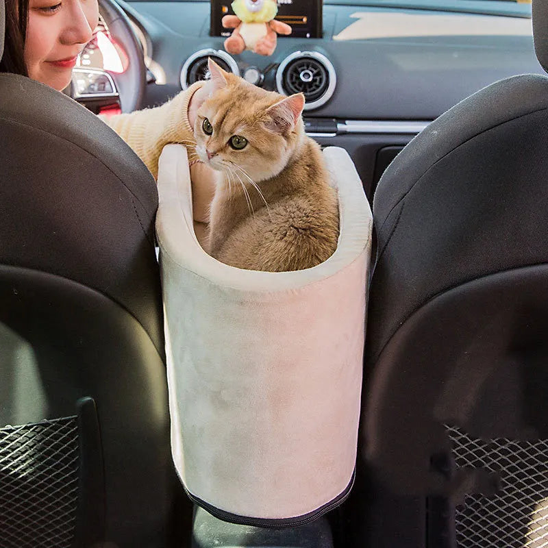Grey car safety cat dog bed with adjustable soft pillow and elastic safety hook on car seat
