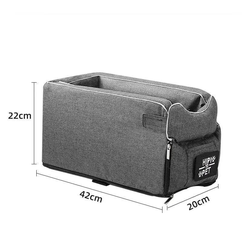 Grey car safety cat dog bed with adjustable soft pillow and elastic safety hook on car seat