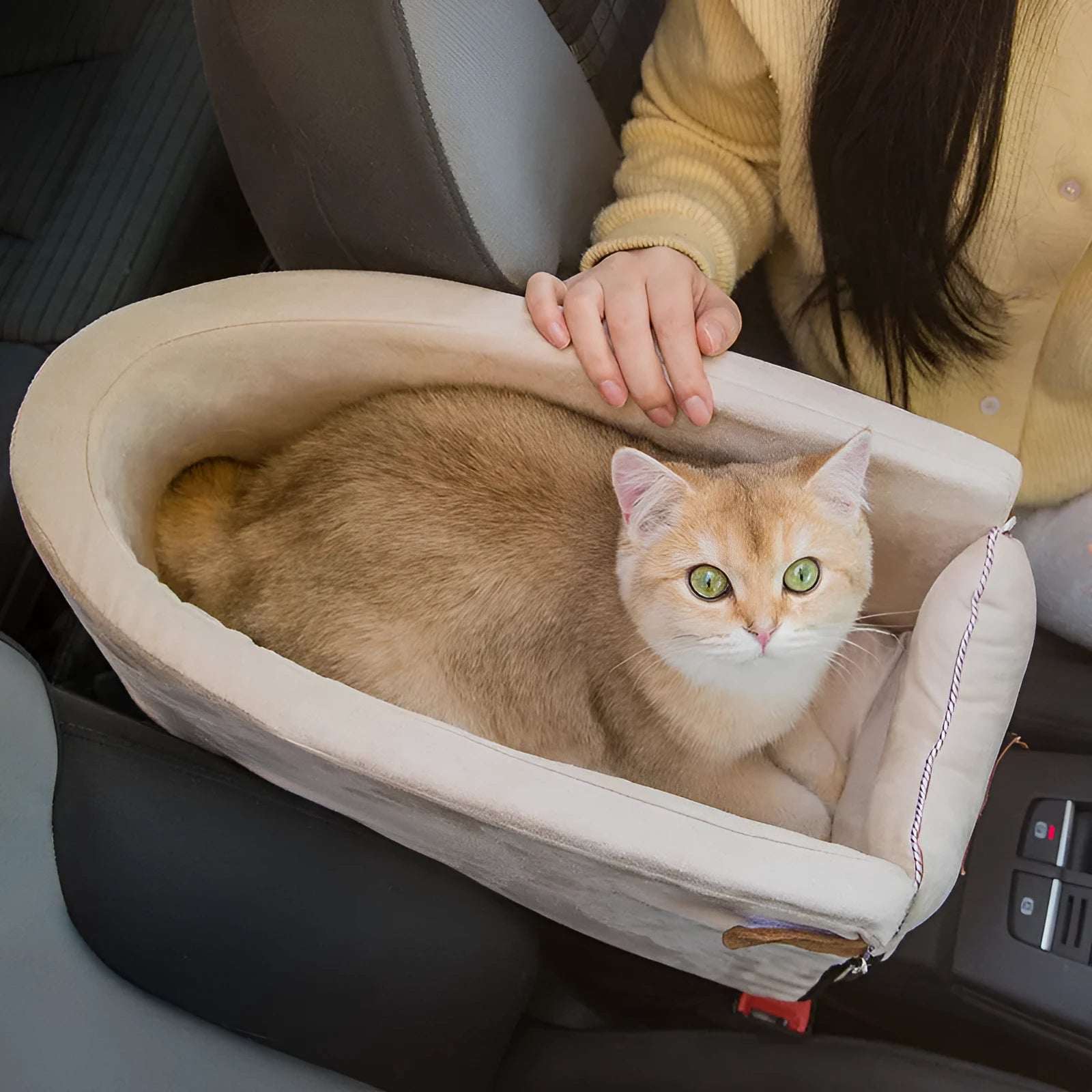 Grey car safety cat dog bed with adjustable soft pillow and elastic safety hook on car seat