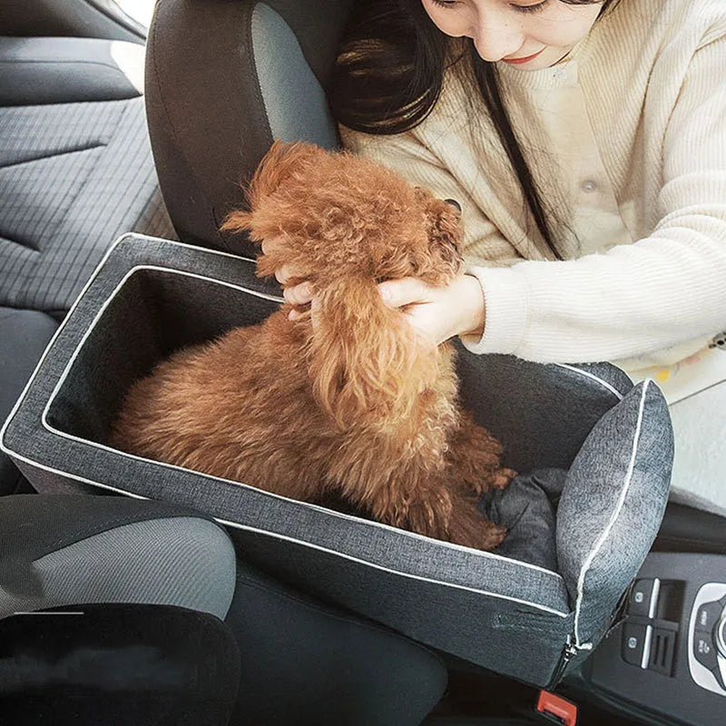 Grey car safety cat dog bed with adjustable soft pillow and elastic safety hook on car seat