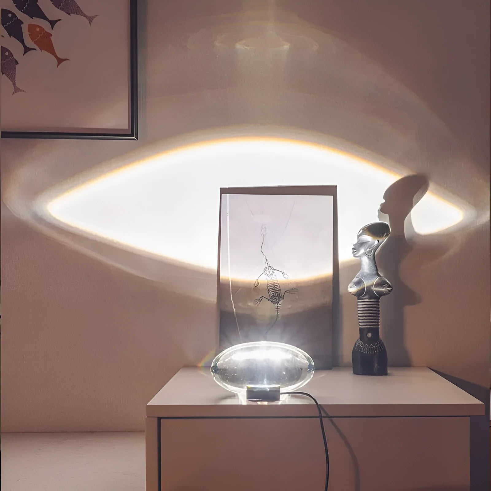 Crystal projection lamp with LED warm light and push button switch on a table