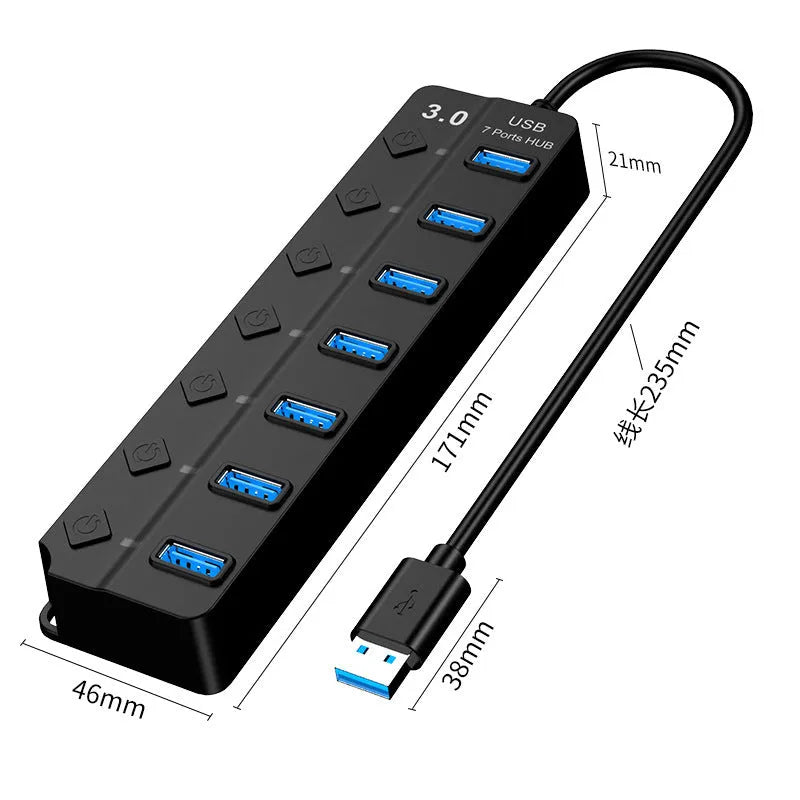 Black 7-port USB 3.0 hub with external power supply and splitter cable