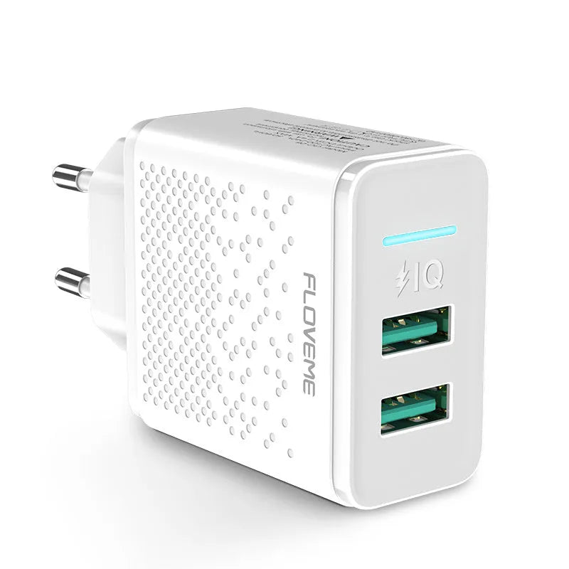 A black or white dual USB port wall charger with an EU standard power plug.