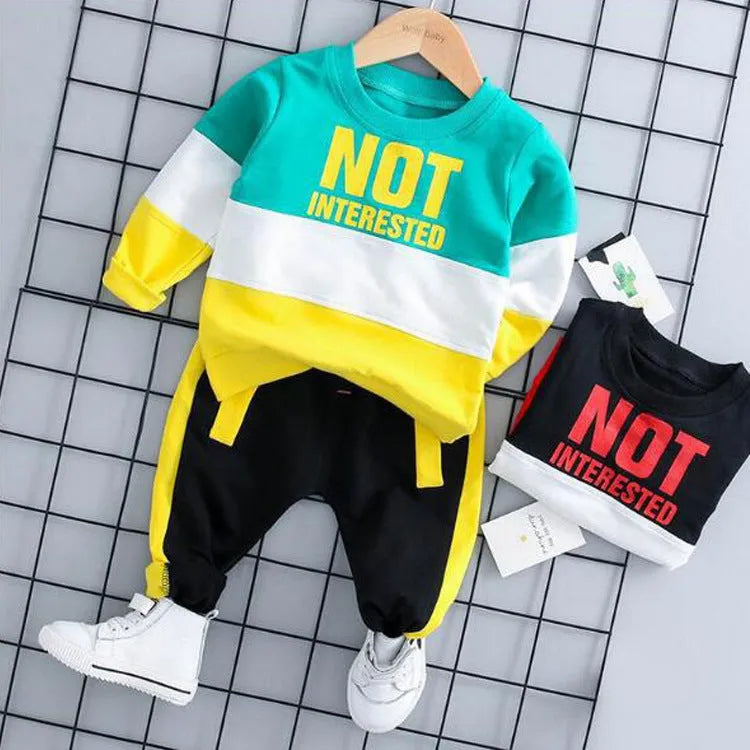 Two piece children's suit for boys in blue, long sleeve trousers style, European American design, available in sizes 80cm to 110cm
