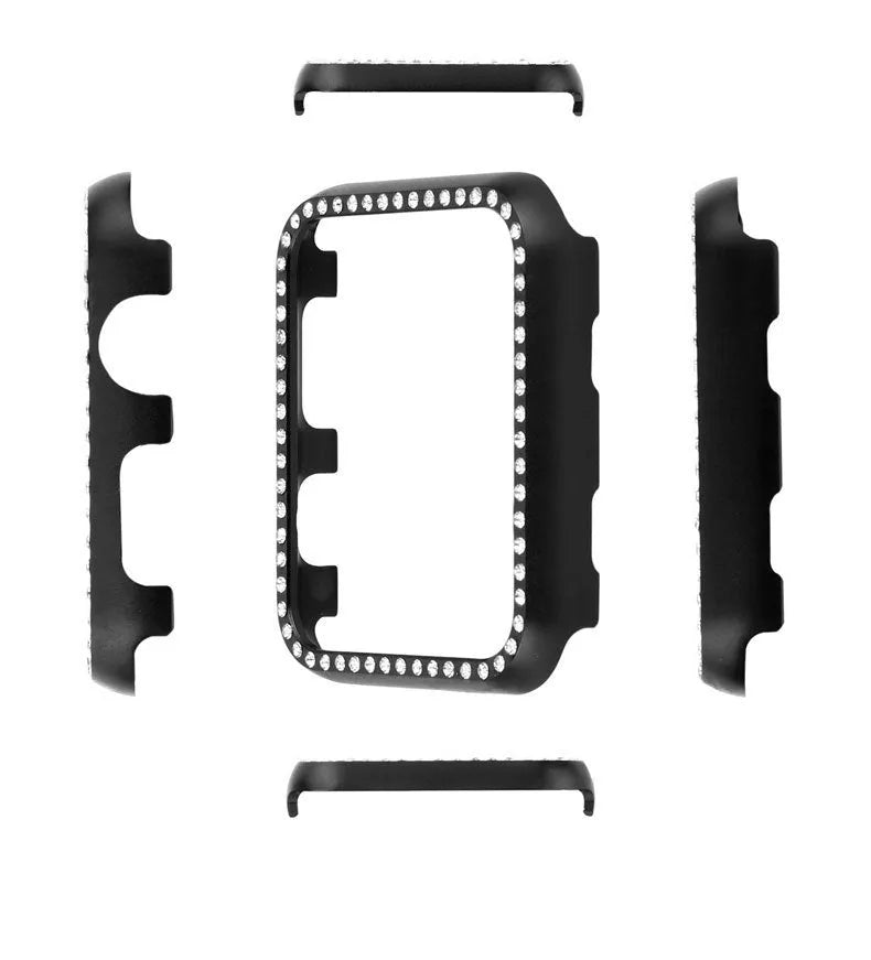 Silver electroplated aluminum alloy diamond frame protective case for Apple Watch on white background