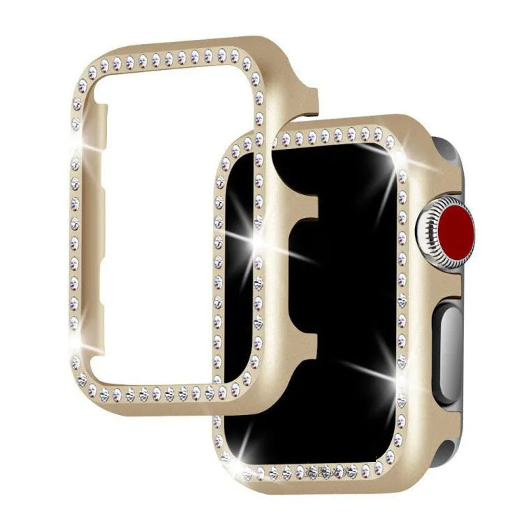 Silver electroplated aluminum alloy diamond frame protective case for Apple Watch on white background