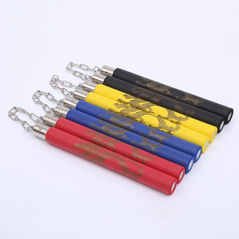 Red sponge nunchaku set showing foam-covered sticks connected by metal chain.