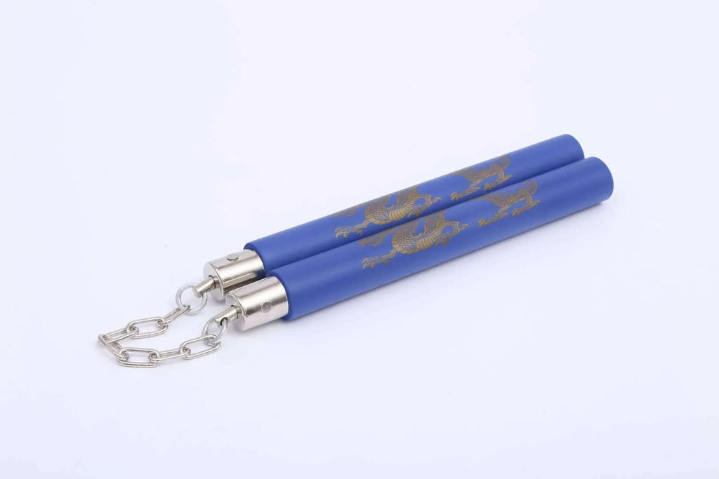 Red sponge nunchaku set showing foam-covered sticks connected by metal chain.