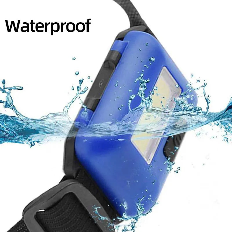 Compact blue outdoor LED headlamp with adjustable strap on a dark background.