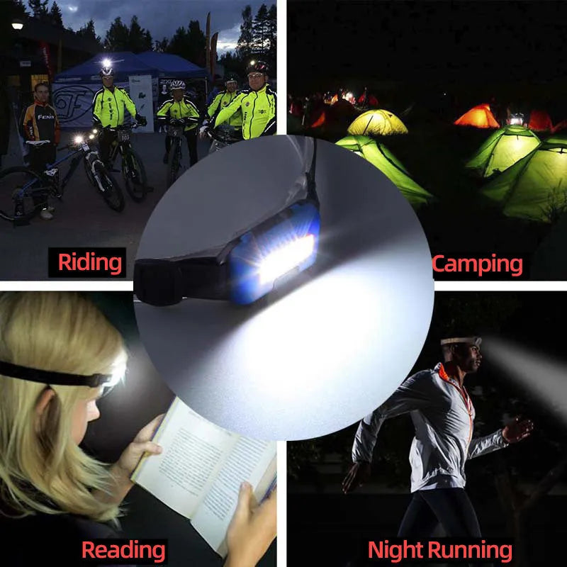 Compact blue outdoor LED headlamp with adjustable strap on a dark background.