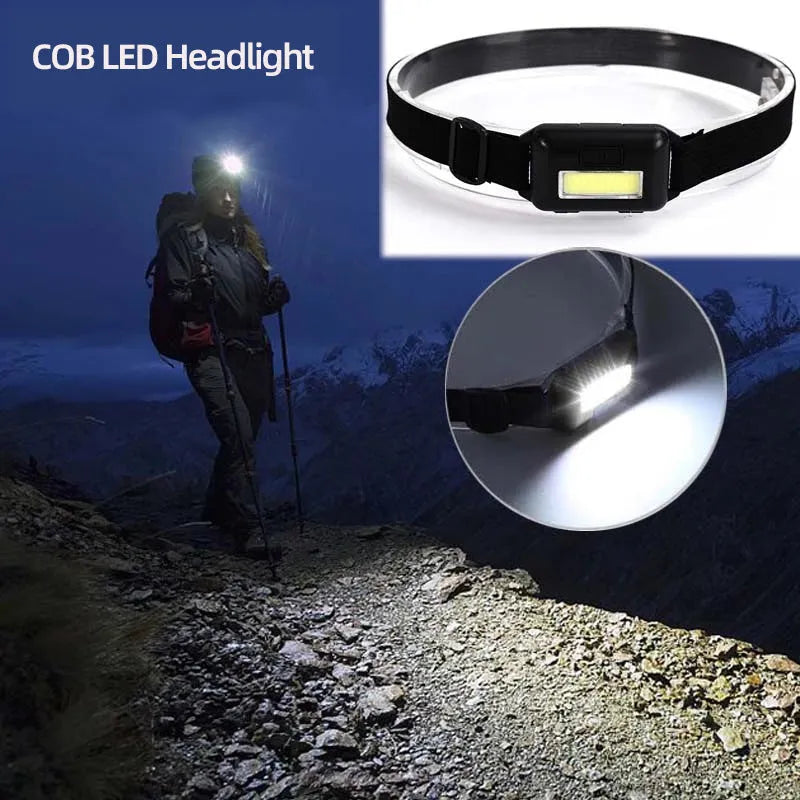 Compact blue outdoor LED headlamp with adjustable strap on a dark background.